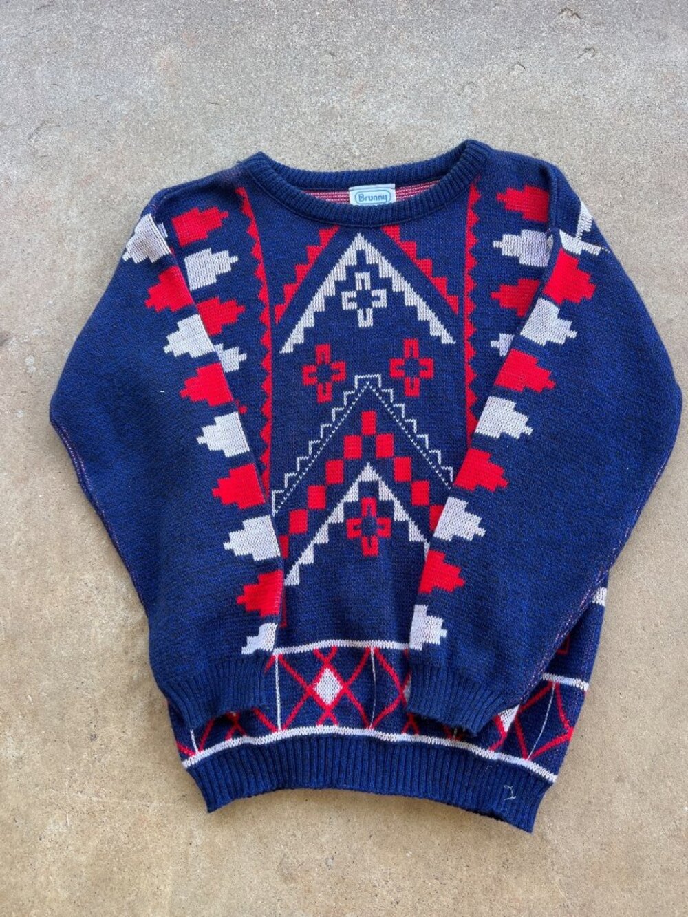 Brunny Vintage Geometric Knit Sweater Made In USA Red White & Blue Pattern Size